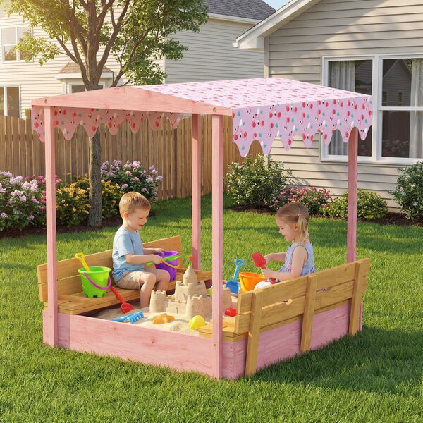 AIYAPLAY Sabbiera per Bambini 3-6 Anni con Tettuccio Fenicotteri, Sedute Pieghevoli, Coperchio e Fodera Inclusa, Sabbionaia per Bambini in Legno di Abete, 134.5x127.5x130 cm, Rosa | Aosom Italy