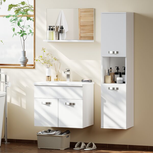 Kleankin Set Mobili Bagno da 4 Pezzi con Lavabo da 60cm in Ceramica, Mobiletto Bagno, Colonna Bagno e Specchiera, Bianco Effetto Legno Goffrato | Aosom Italy