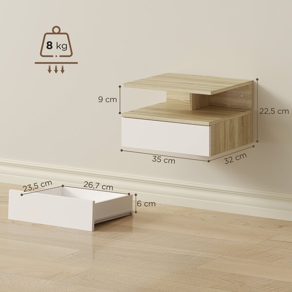 HOMCOM Set di 2 Comodini Sospesi con Cassetto e Mensola Aperta, 35x32x22.5 cm, Bianco e Rovere | Aosom Italy