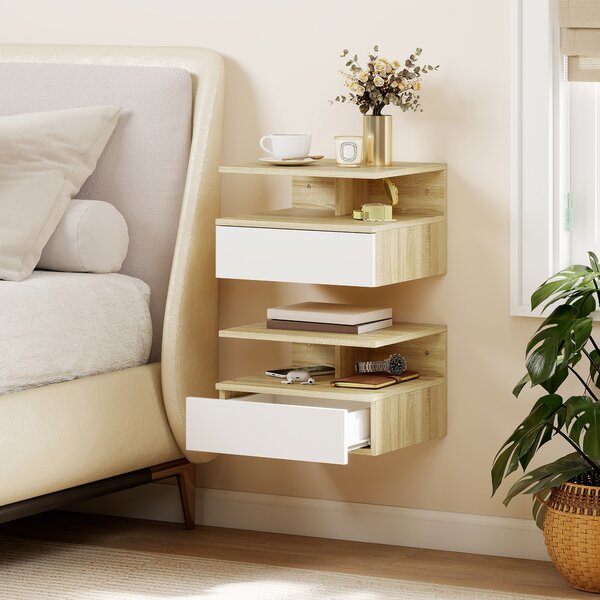 HOMCOM Set di 2 Comodini Sospesi con Cassetto e Mensola Aperta, 35x32x22.5 cm, Bianco e Rovere | Aosom Italy