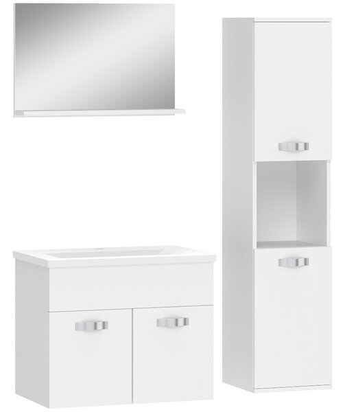 Kleankin Set Mobili Bagno da 4 Pezzi con Lavabo da 60cm in Ceramica, Mobiletto Bagno, Colonna Bagno e Specchiera, Bianco Effetto Legno Goffrato | Aosom Italy