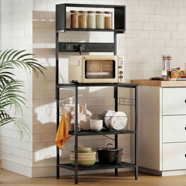 HOMCOM Scaffale da Cucina con Multipresa per Microonde con Ripiani e Ganci Stile Industriale, Legno e Acciaio, Nero | Aosom Italy