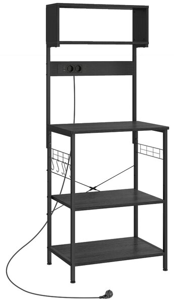 HOMCOM Scaffale da Cucina con Multipresa per Microonde con Ripiani e Ganci Stile Industriale, Legno e Acciaio, Nero | Aosom Italy