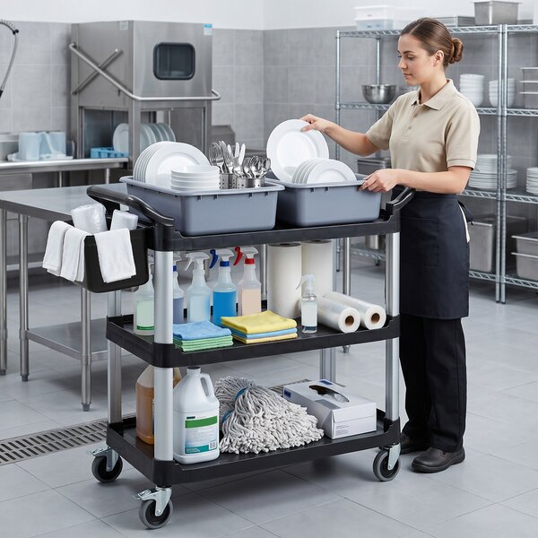 HOMCOM Carrello Pulizie Professionale a 3 Ripiani con 2 Contenitori Rimovibili, Bidone Laterale e 4 Ruote, Nero | Aosom Italy