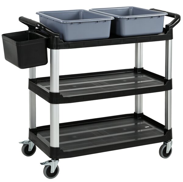 HOMCOM Carrello Pulizie Professionale a 3 Ripiani con 2 Contenitori Rimovibili, Bidone Laterale e 4 Ruote, Nero | Aosom Italy