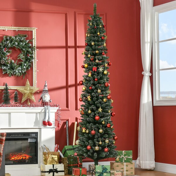 Albero di Natale Innevato Slim Ø56x225 cm con 624 Rami Base Rimovibile e Pieghevole in PVC Verde