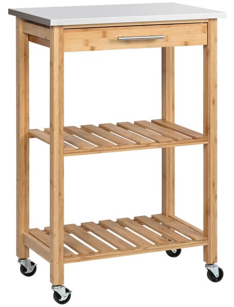 HOMCOM Carrello da Cucina in Bambù, Isola da Cucina con Piano in Acciaio Inox, Cassetto e Mensole a Doghe, Naturale | Aosom Italy