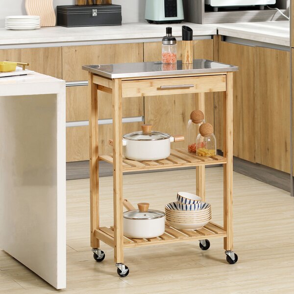 HOMCOM Carrello da Cucina in Bambù, Isola da Cucina con Piano in Acciaio Inox, Cassetto e Mensole a Doghe, Naturale | Aosom Italy