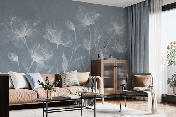 Carta da parati Fiori eleganti e vaporosi, con petali traslucidi disposti a strati su lunghi steli, Carta da parati Floreale, w05579v2 : Uwalls.it