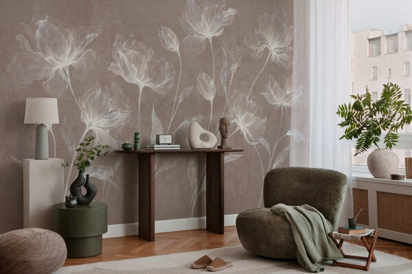 Carta da parati Fiori eleganti e vaporosi, con petali traslucidi disposti a strati su lunghi steli, Carta da parati Floreale, w05579v3 : Uwalls.it