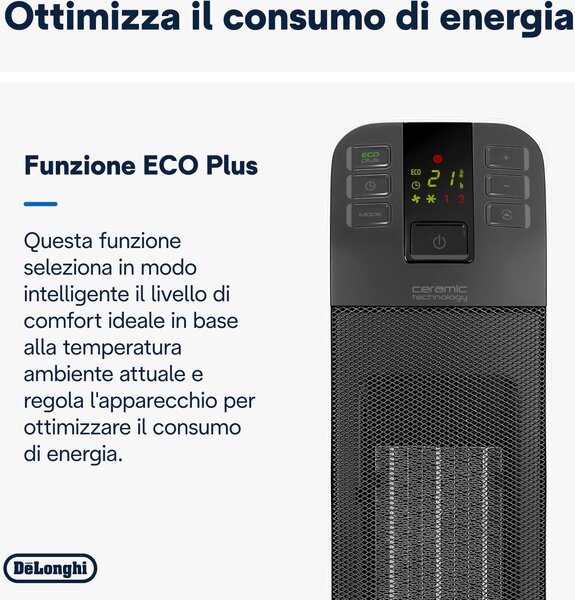De Longhi Termoventilatore ceramico a Torre Stufa elettrica Potenza 2000 Watt Oscillante Timer - HFX65V20