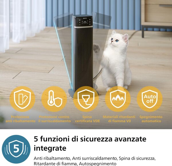 Philips Termoventilatore Ceramico a Torre Stufa Elettrica Oscillante, riscaldamento immediato in 2 secondi, AI per risparmio energetico, 5 funzioni