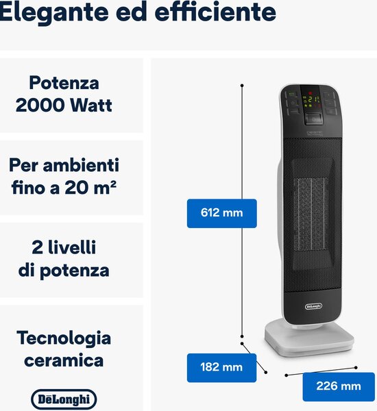 De Longhi Termoventilatore ceramico a Torre Stufa elettrica Potenza 2000 Watt Oscillante Timer - HFX65V20
