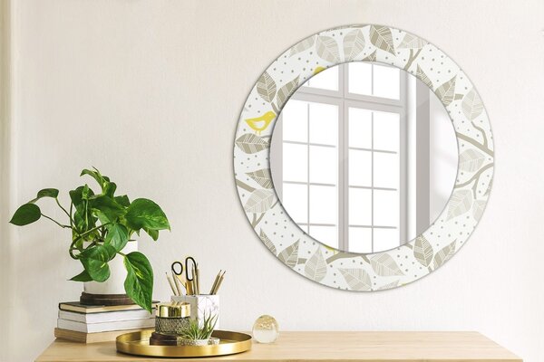 Specchio rotondo cornice con stampa Uccelli gialli su rami fi 50 cm