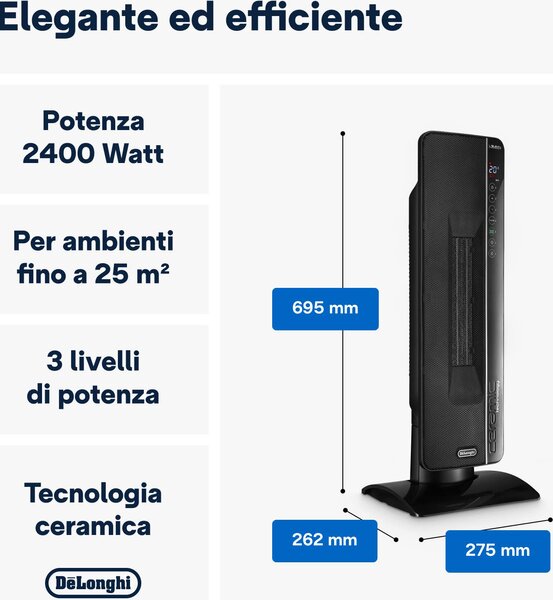 De Longhi Termoventilatore ceramico a Torre Stufa elettrica Potenza 2400 Watt Oscillante Ventilazione estiva Timer - TCH 8993ER.BC
