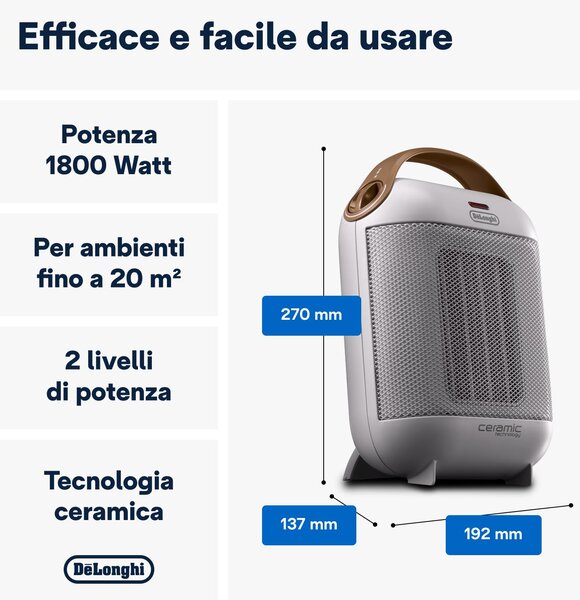 De Longhi Termoventilatore Ceramico Stufa elettrica Caldobagno Potenza 1800 Watt Ventilazione estiva Termostato colore Bianco - HFX30C18.IW Capsule