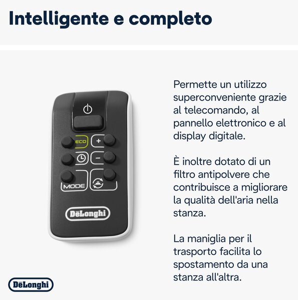 De Longhi Termoventilatore Cermico Stufa Elettrica Caldobagno Potenza 2000 Watt Ventilazione estiva con Timer e Termostato colore Nero / Bianco - H