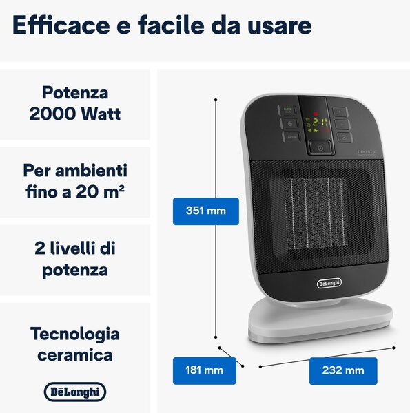 De Longhi Termoventilatore Cermico Stufa Elettrica Caldobagno Potenza 2000 Watt Ventilazione estiva con Timer e Termostato colore Nero / Bianco - H