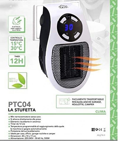 DCG Termoventilatore Ceramico Stufa elettrica Potenza 500 Watt Termostato - PTC04