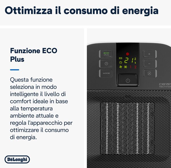 De Longhi Termoventilatore Cermico Stufa Elettrica Caldobagno Potenza 2000 Watt Ventilazione estiva con Timer e Termostato colore Nero / Bianco - H