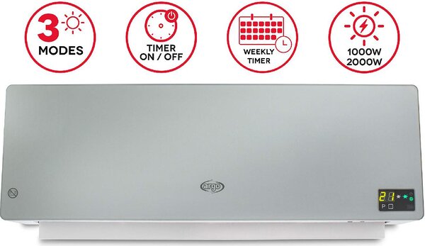Argo Termoventilatore da parete Ceramico Stufa elettrica Potenza 2000 Watt con Telecomando e Timer - CHIC SILVER ECO