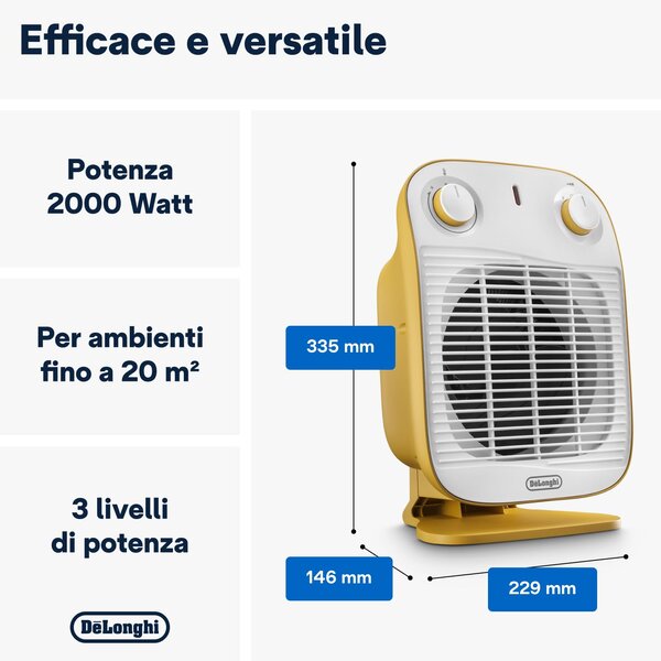 De Longhi Termoventilatore Stufa Elettrica Caldobagno Potenza 2000 Watt con Termostato colore Giallo - HFS50B20.YE