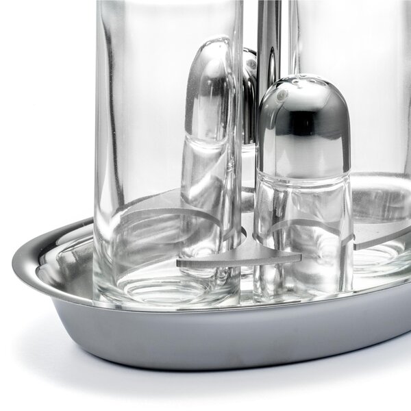 Oliera Base ovale JOINT in acciaio lucido con ampolle in vetro e tappo salvagoccia