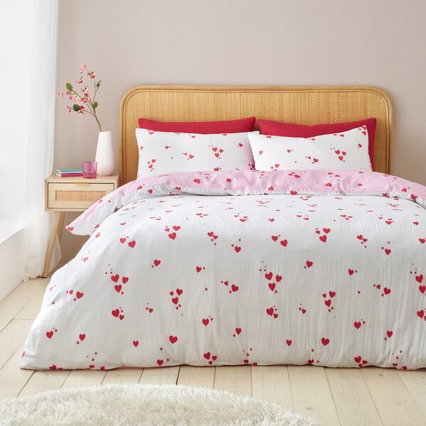 Biancheria da letto bianca/rosa in crêpe per letto singolo 135x200 cm Seersucker Heart – Catherine Lansfield