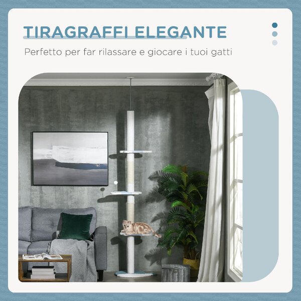 AllMyPets Tiragraffi per Gatti a Soffitto con Palo Regolabile da 225-255 cm Pallina e Piattaforme colore Bianco - R523WT