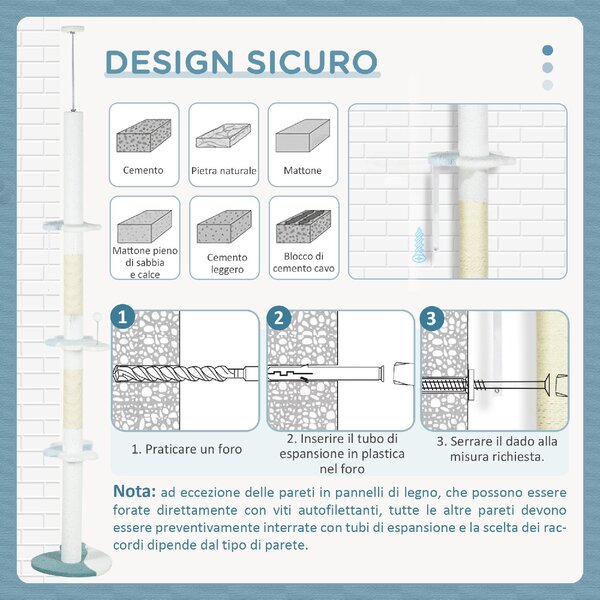 AllMyPets Tiragraffi per Gatti a Soffitto con Palo Regolabile da 225-255 cm Pallina e Piattaforme colore Bianco - R523WT