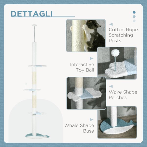 AllMyPets Tiragraffi per Gatti a Soffitto con Palo Regolabile da 225-255 cm Pallina e Piattaforme colore Bianco - R523WT