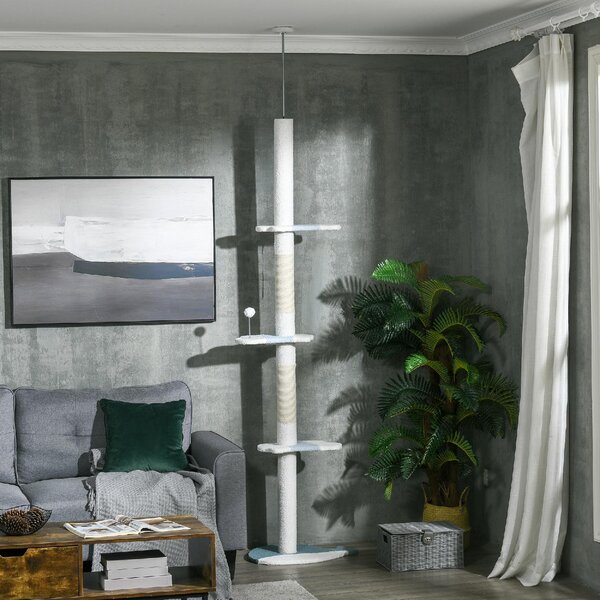AllMyPets Tiragraffi per Gatti a Soffitto con Palo Regolabile da 225-255 cm Pallina e Piattaforme colore Bianco - R523WT
