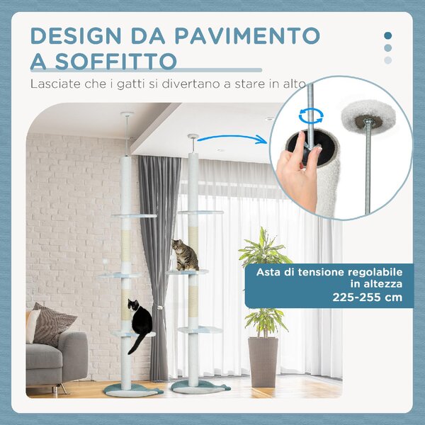 AllMyPets Tiragraffi per Gatti a Soffitto con Palo Regolabile da 225-255 cm Pallina e Piattaforme colore Bianco - R523WT