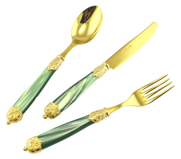 Forchetta da tavola Mirage in Ghiere oro Tin Gold 18.10 (AISI 304) manico perlato doppia ghiera lavabili in lavastoviglie verde Perlato
