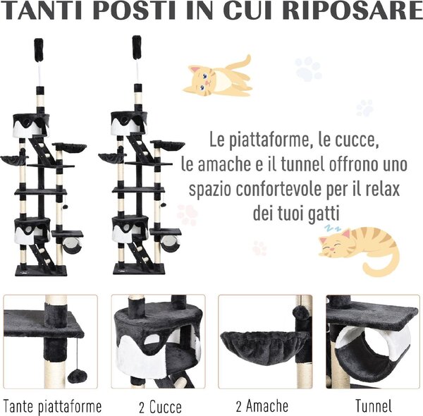AllMyPets Tiragraffi per Gatti a Soffitto Multilivello 240-260cm, Cucce, Scale, Corde Sisal - D355932T