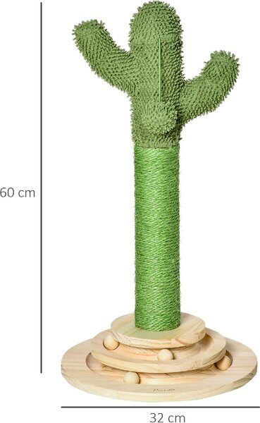 AllMyPets Tiragraffi per Gatti Albero Tiragraffi a Forma di Cactus per Gatti Albero Tiragraffi Corda Sisal e Base con Palline in Legno 32x32x60cm