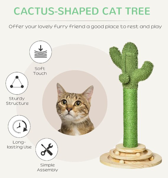 AllMyPets Tiragraffi per Gatti Albero Tiragraffi a Forma di Cactus per Gatti Albero Tiragraffi Corda Sisal e Base con Palline in Legno 32x32x60cm