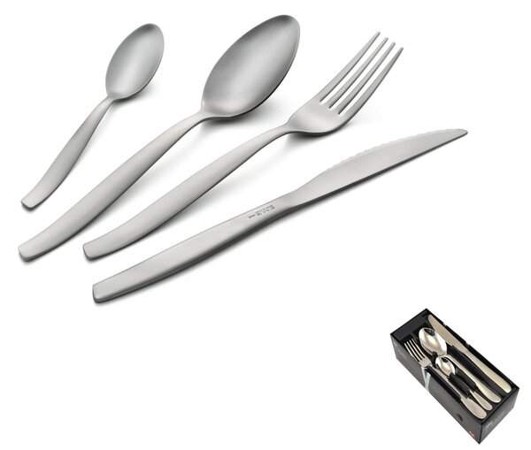Servizio Posate in acciaio 24 pezzi 6 posti tavola con coltelli bistecca SHARK Sabbiato in acciaio 18.C Satinato spessore 2 mm in confezione salvaspazio