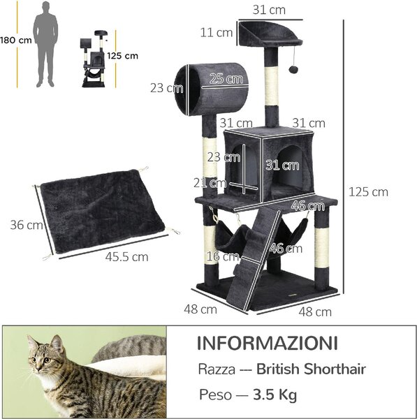 AllMyPets Tiragraffi per Gatti Albero Tiragraffi Casetta per Gatti Amaca Letto Tunnel e Pallina 48x48 x125 cm Grigio - D73AMPCG