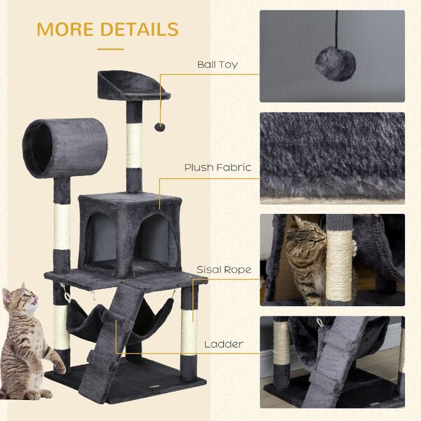 AllMyPets Tiragraffi per Gatti Albero Tiragraffi Casetta per Gatti Amaca Letto Tunnel e Pallina 48x48 x125 cm Grigio - D73AMPCG
