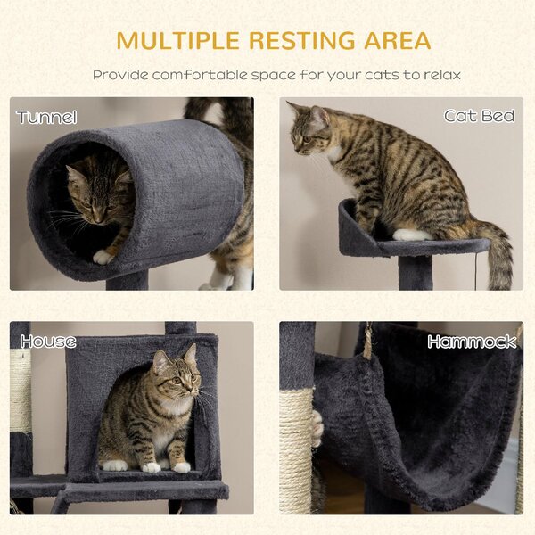 AllMyPets Tiragraffi per Gatti Albero Tiragraffi Casetta per Gatti Amaca Letto Tunnel e Pallina 48x48 x125 cm Grigio - D73AMPCG