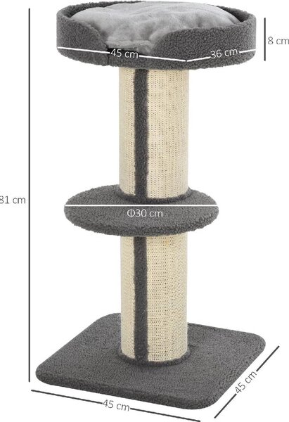 AllMyPets Tiragraffi per Gatti Albero Tiragraffi con Cuccia, Cuscino, Rivestimento Peluche e Pali in Corda Sisal 45x45x81 cm colore Grigio - D30D65GY