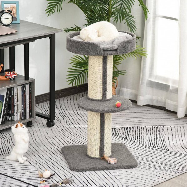 AllMyPets Tiragraffi per Gatti Albero Tiragraffi con Cuccia, Cuscino, Rivestimento Peluche e Pali in Corda Sisal 45x45x81 cm colore Grigio - D30D65GY