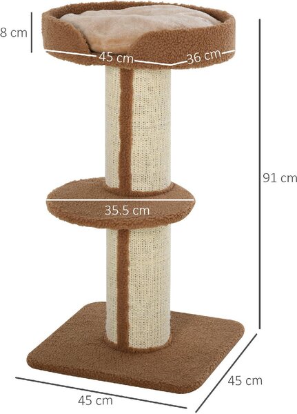 AllMyPets Tiragraffi per Gatti Albero Tiragraffi con Cuccia, Cuscino, Rivestimento Peluche e Pali in Corda Sisal 45x45x91 cm colore Marrone - 269BN