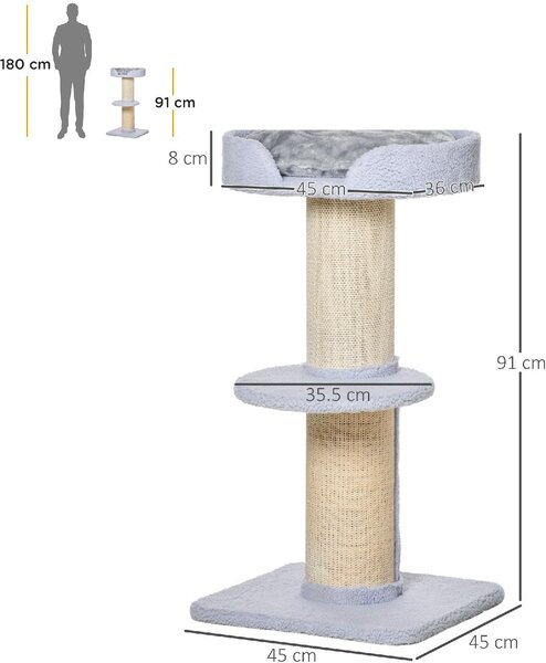 AllMyPets Tiragraffi per Gatti Albero Tiragraffi con Cuccia, Cuscino, Rivestimento Peluche e Pali in Corda Sisal 45x45x91 cm colore Blu - 69LB-D30