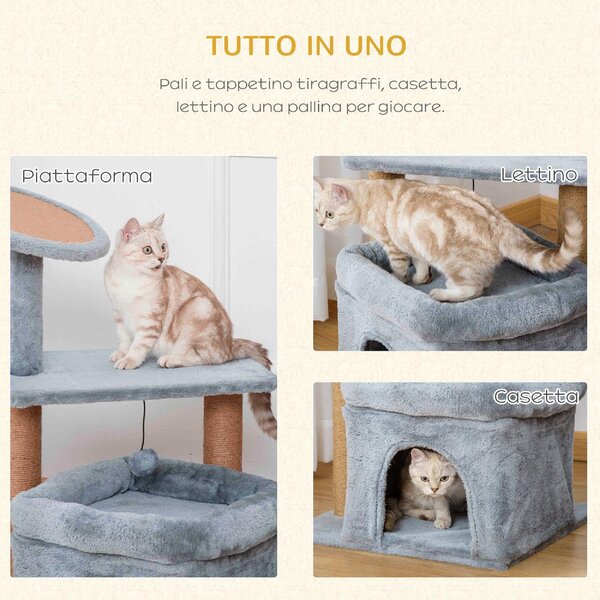 AllMyPets Tiragraffi per Gatti Albero Tiragraffi con Pali in Corda Juta Casetta e Cuscino Rivestimento in Peluche Altezza 84cm Grigio