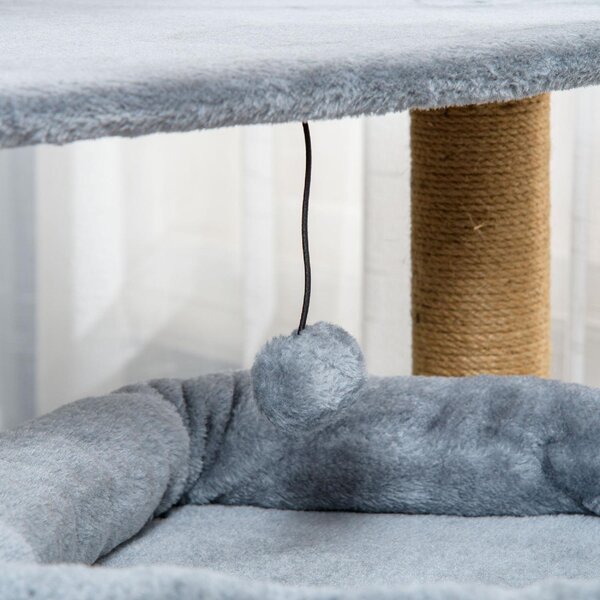 AllMyPets Tiragraffi per Gatti Albero Tiragraffi con Pali in Corda Juta Casetta e Cuscino Rivestimento in Peluche Altezza 84cm Grigio