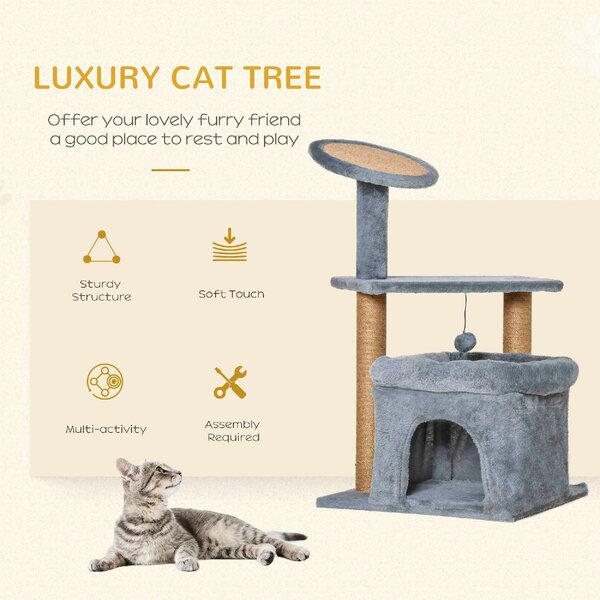 AllMyPets Tiragraffi per Gatti Albero Tiragraffi con Pali in Corda Juta Casetta e Cuscino Rivestimento in Peluche Altezza 84cm Grigio