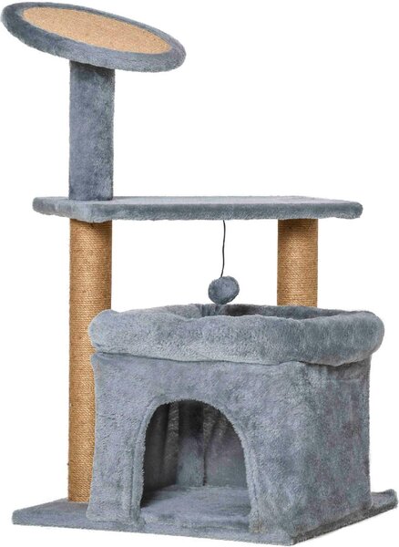 AllMyPets Tiragraffi per Gatti Albero Tiragraffi con Pali in Corda Juta Casetta e Cuscino Rivestimento in Peluche Altezza 84cm Grigio
