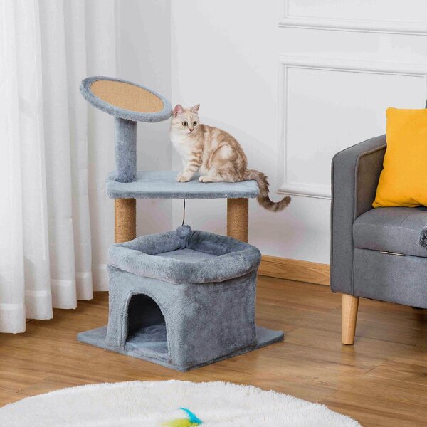AllMyPets Tiragraffi per Gatti Albero Tiragraffi con Pali in Corda Juta Casetta e Cuscino Rivestimento in Peluche Altezza 84cm Grigio